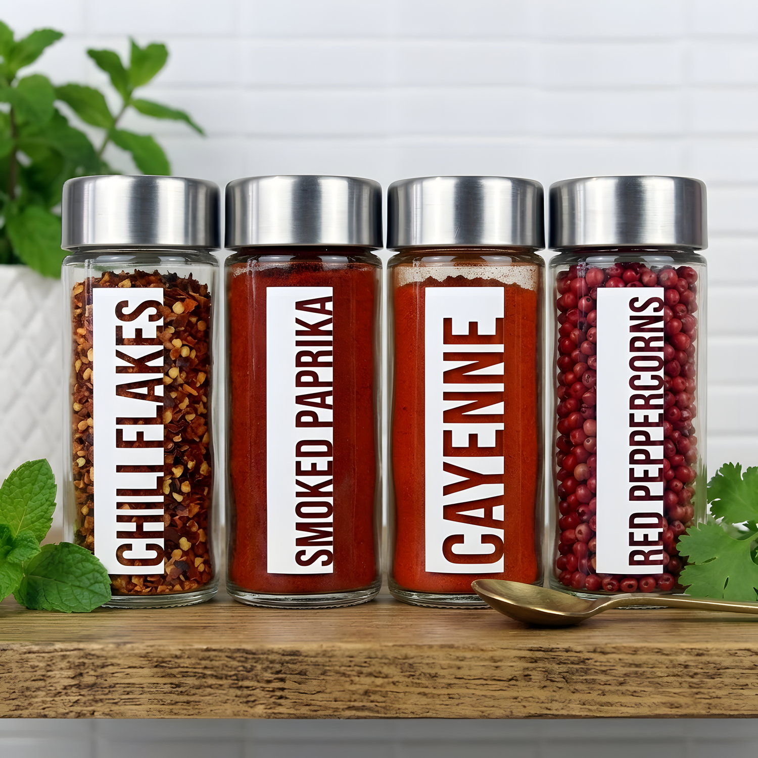Custom clear labels applied to glass spice jars for chili flakes, smoked paprika, cayenne, and red peppercorns.