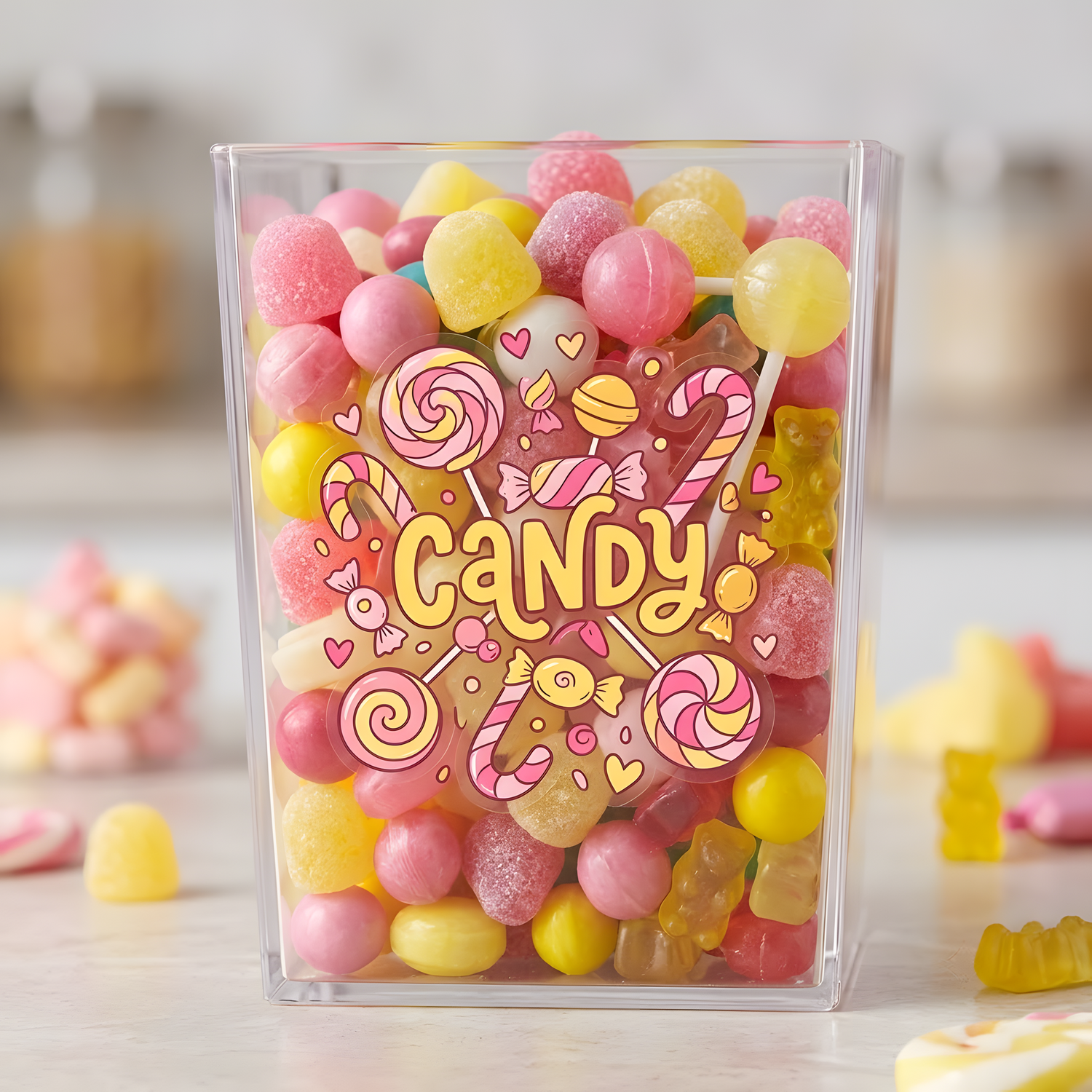 Custom clear sticker with a colorful candy design applied to a transparent box filled with pink and yellow sweets.