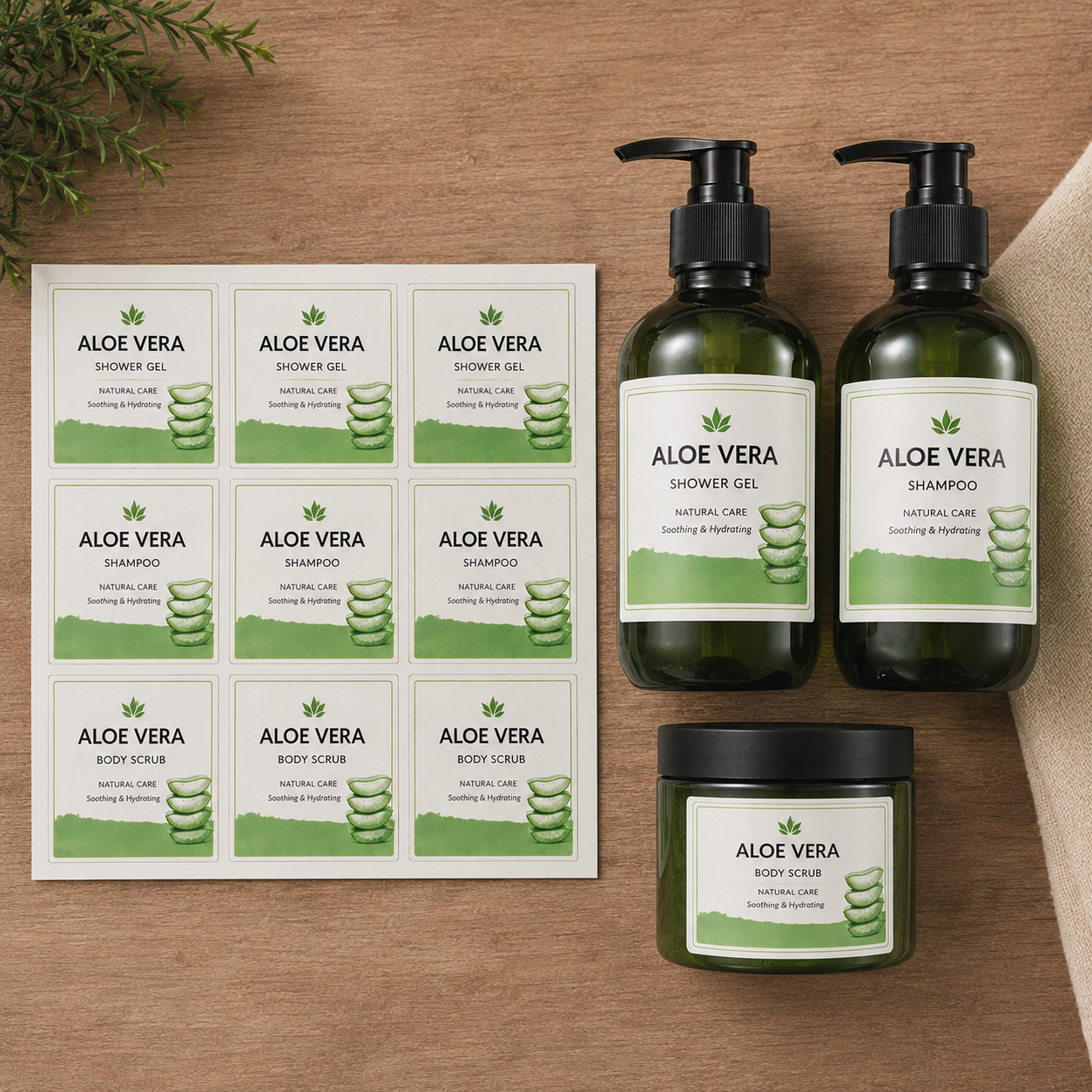 Custom cosmetic labels on white vinyl sheets applied to aloe vera shower gel, shampoo, and body scrub bottles