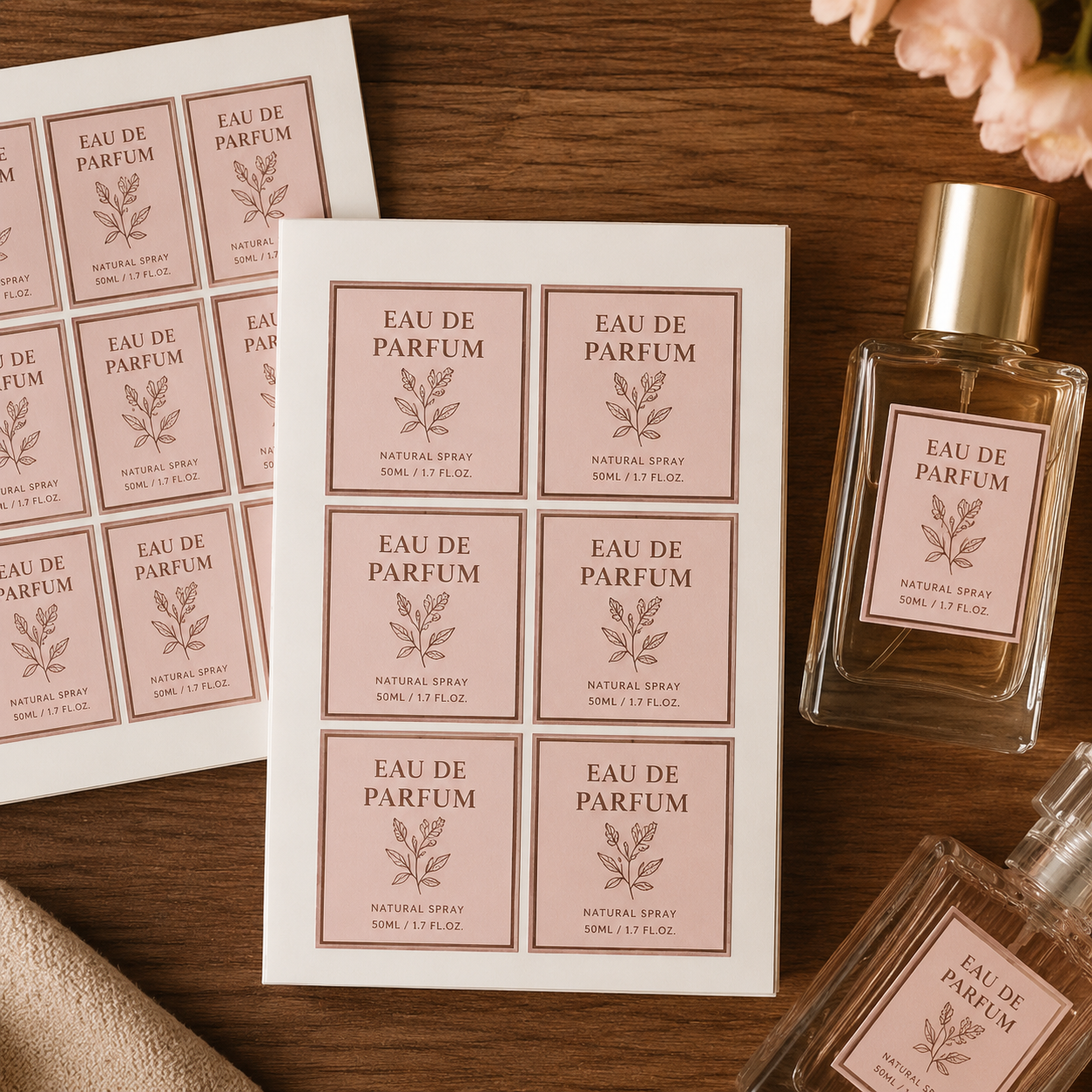 Custom cosmetic labels on white vinyl sheets applied to eau de parfum glass perfume bottles for beauty brands