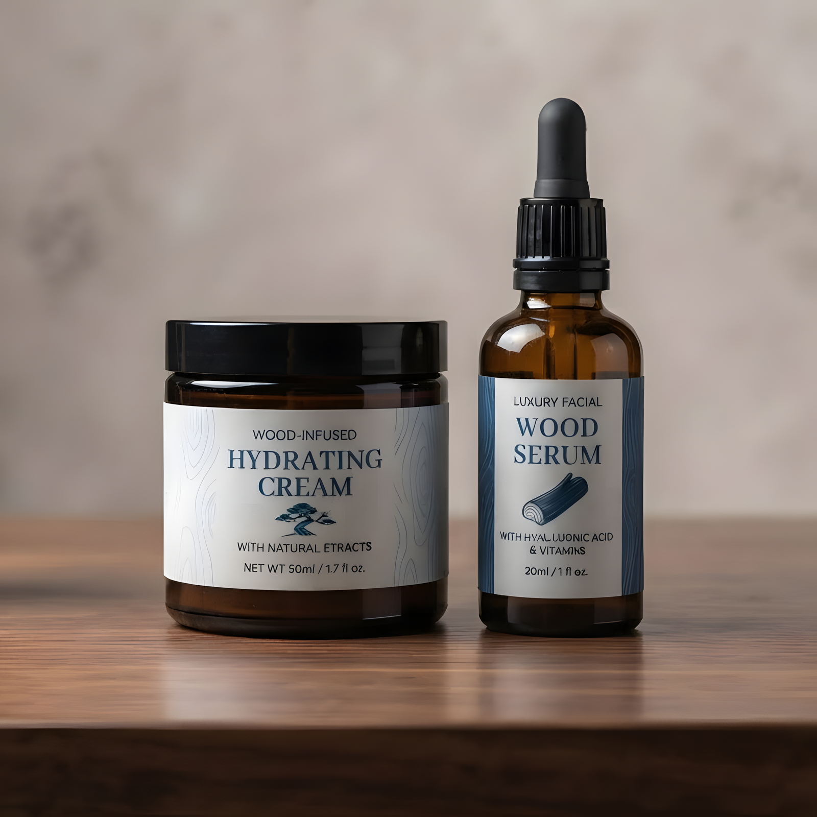 Custom cosmetic labels on white vinyl for a hydrating cream jar and facial serum dropper bottle, waterproof finish