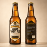 Front and back custom craft beer labels design on 12oz brown bottles, showing branding artwork and regulatory template information with a clean studio background.