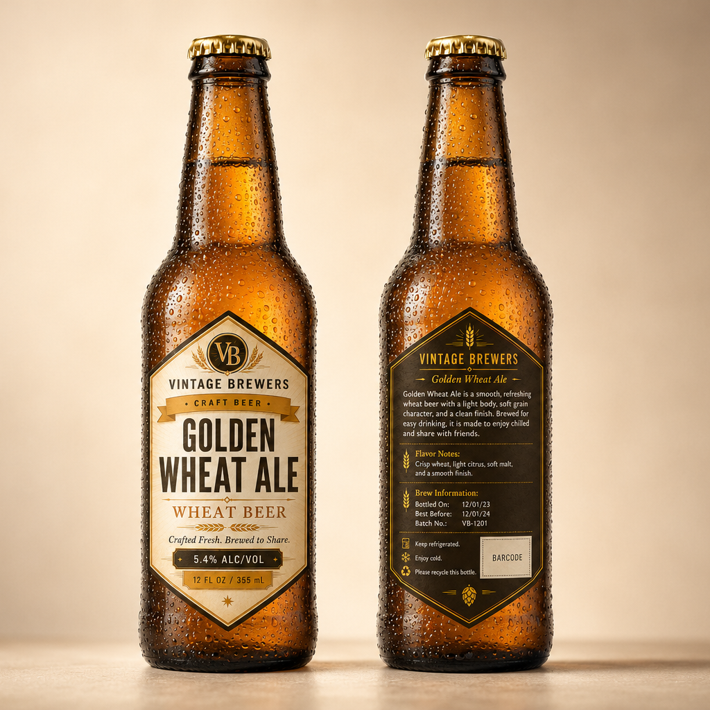 Front and back custom craft beer labels design on 12oz brown bottles, showing branding artwork and regulatory template information with a clean studio background.