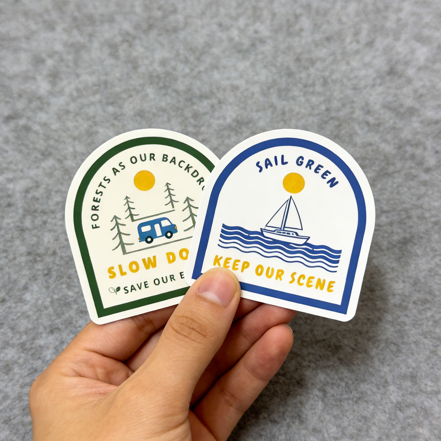 custom die cut stickers with logo design for branding and packaging, forest and sail logo design