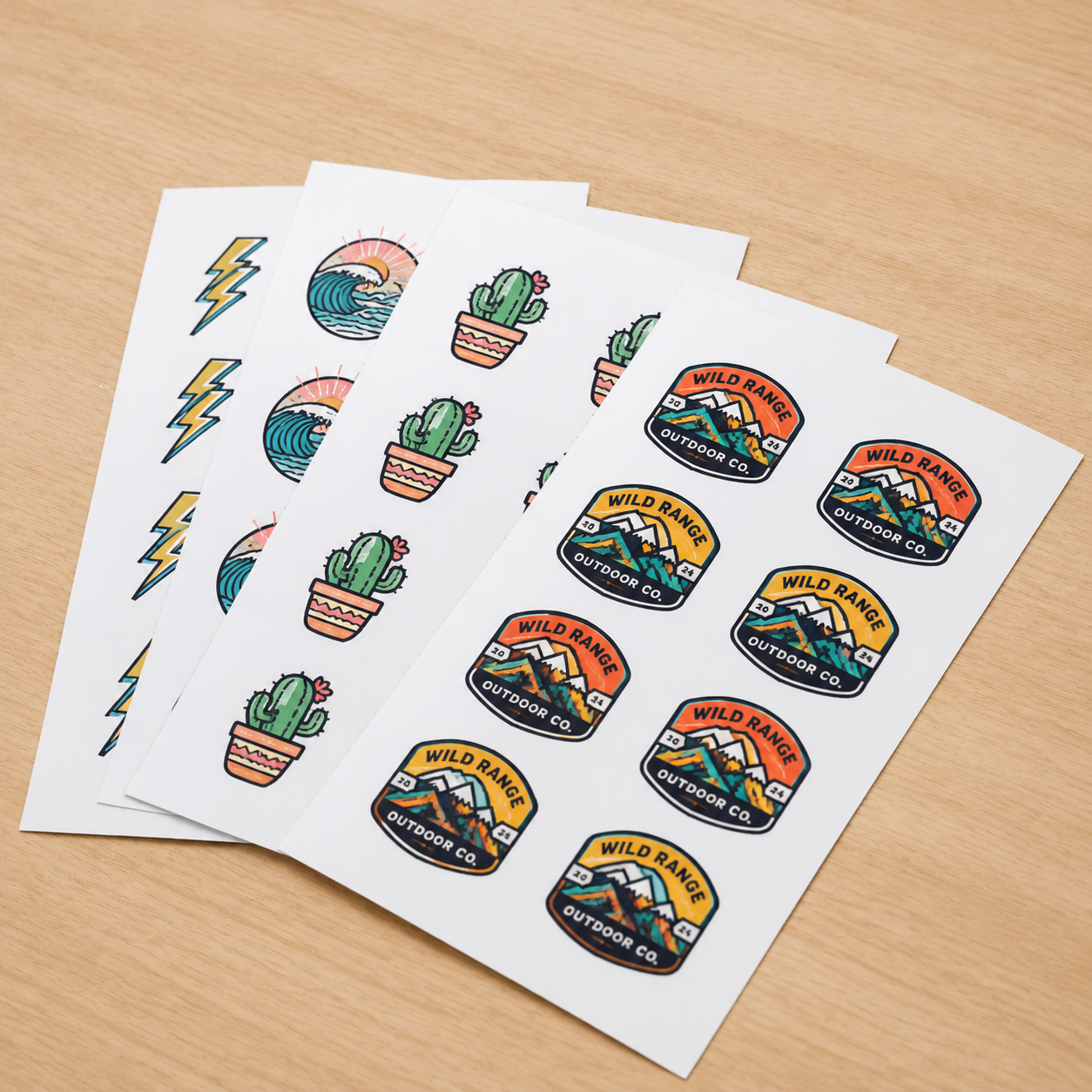Custom die cut vinyl stickers with outdoor adventure designs including mountains and cacti on sheets.
