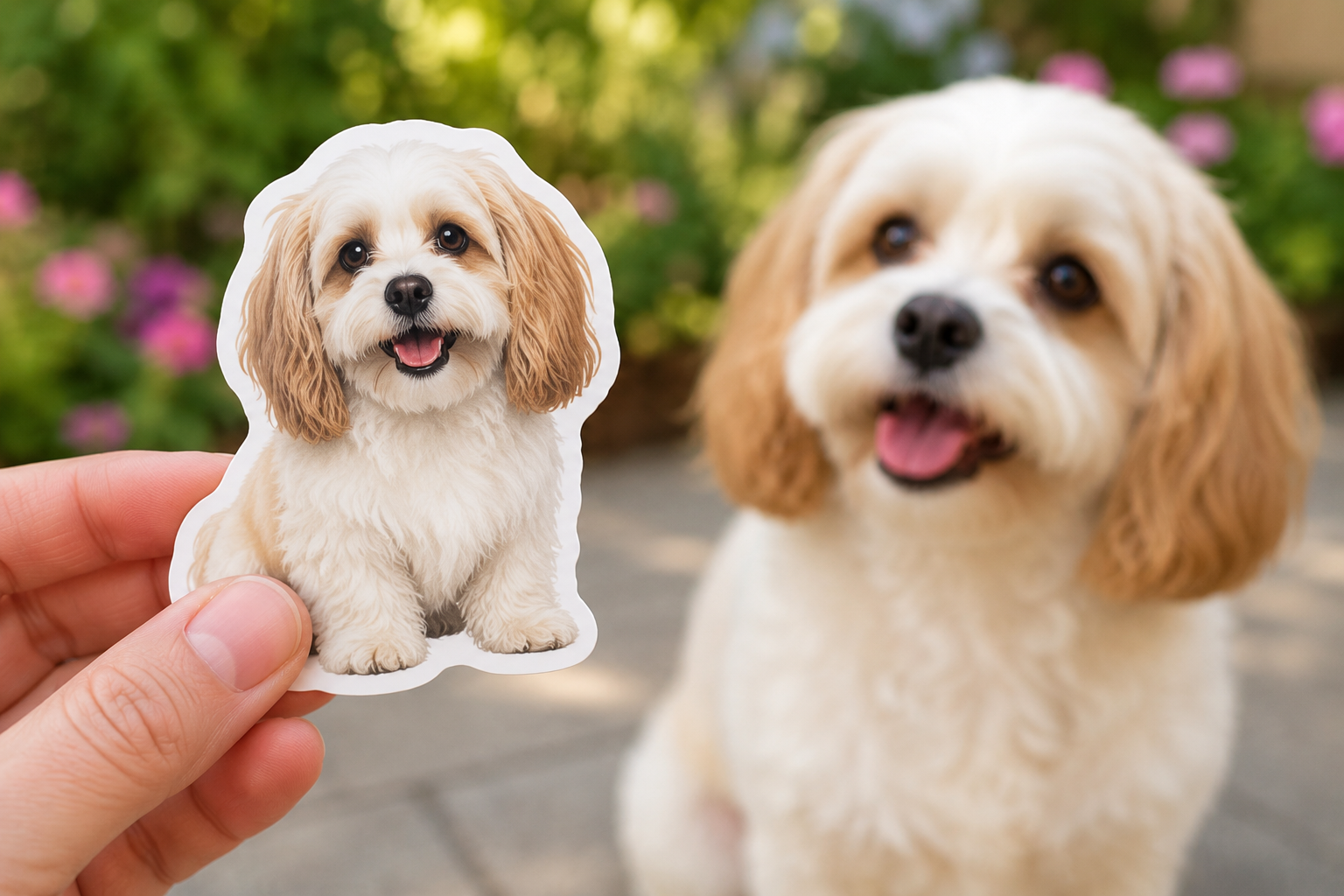 Custom dog sticker made from a pet photo and held in front of the dog