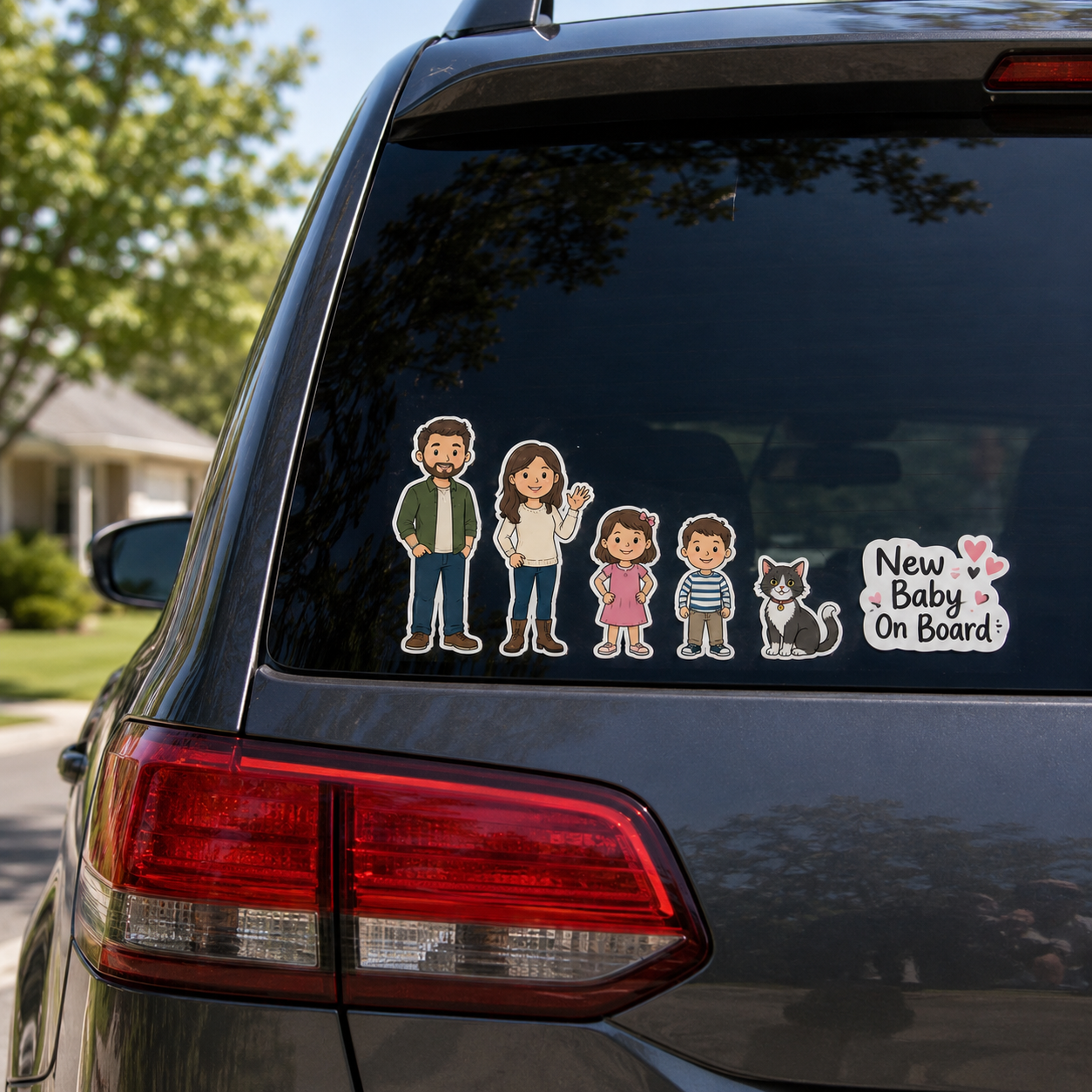 A high-quality custom family car window sticker featuring cartoon parents, two children, a cat, and a New Baby On Board text decal with pink hearts applied to a vehicle's back window.
