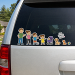 Waterproof family stickers for vehicles applied to a back window, featuring full color cartoon family members, a baby stroller, and pets.