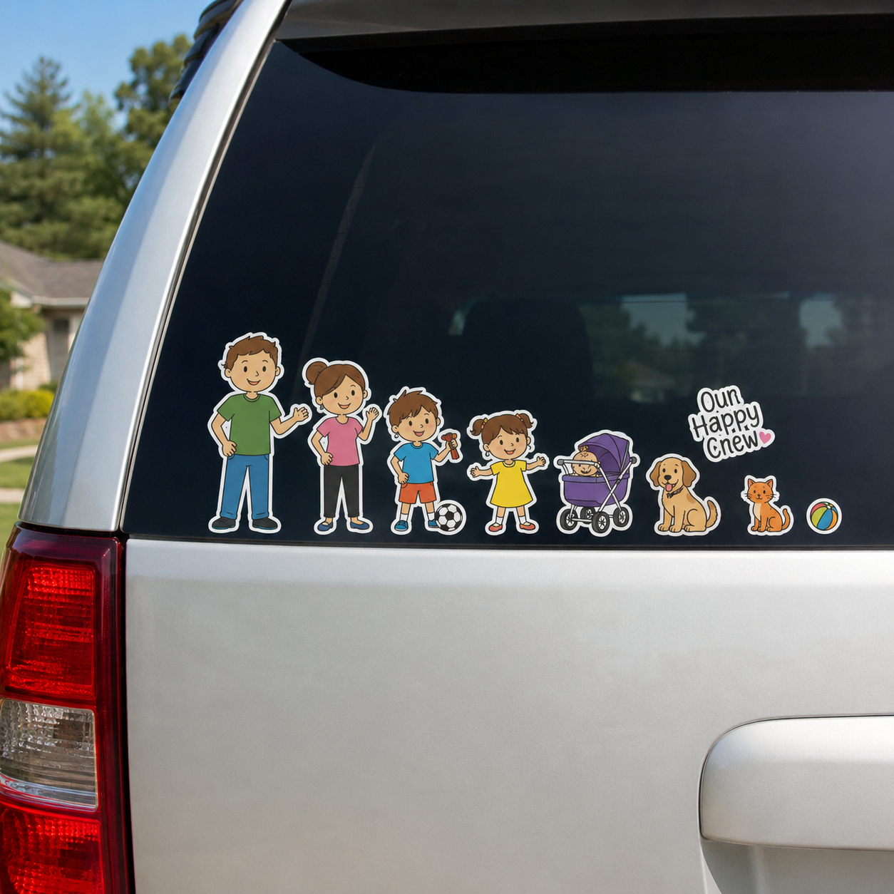 Waterproof family stickers for vehicles applied to a back window, featuring full color cartoon family members, a baby stroller, and pets.