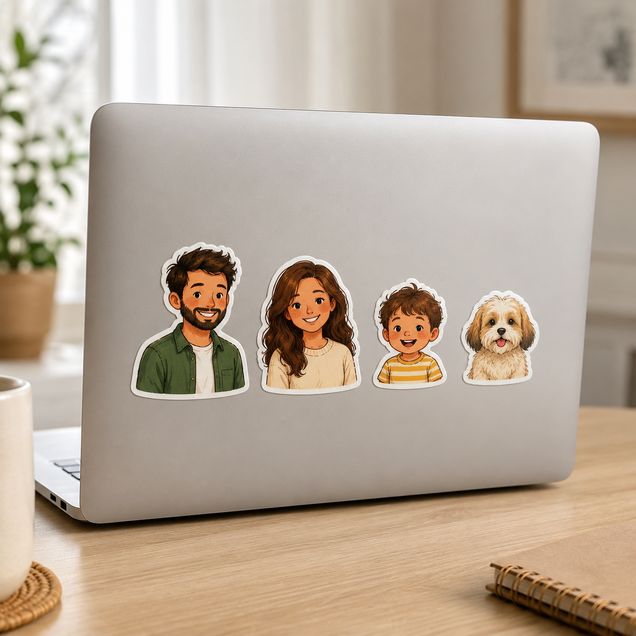 A set of custom family vinyl stickers applied to the back of a silver laptop, showing illustrated portraits of a father, mother, son, and a fluffy dog.