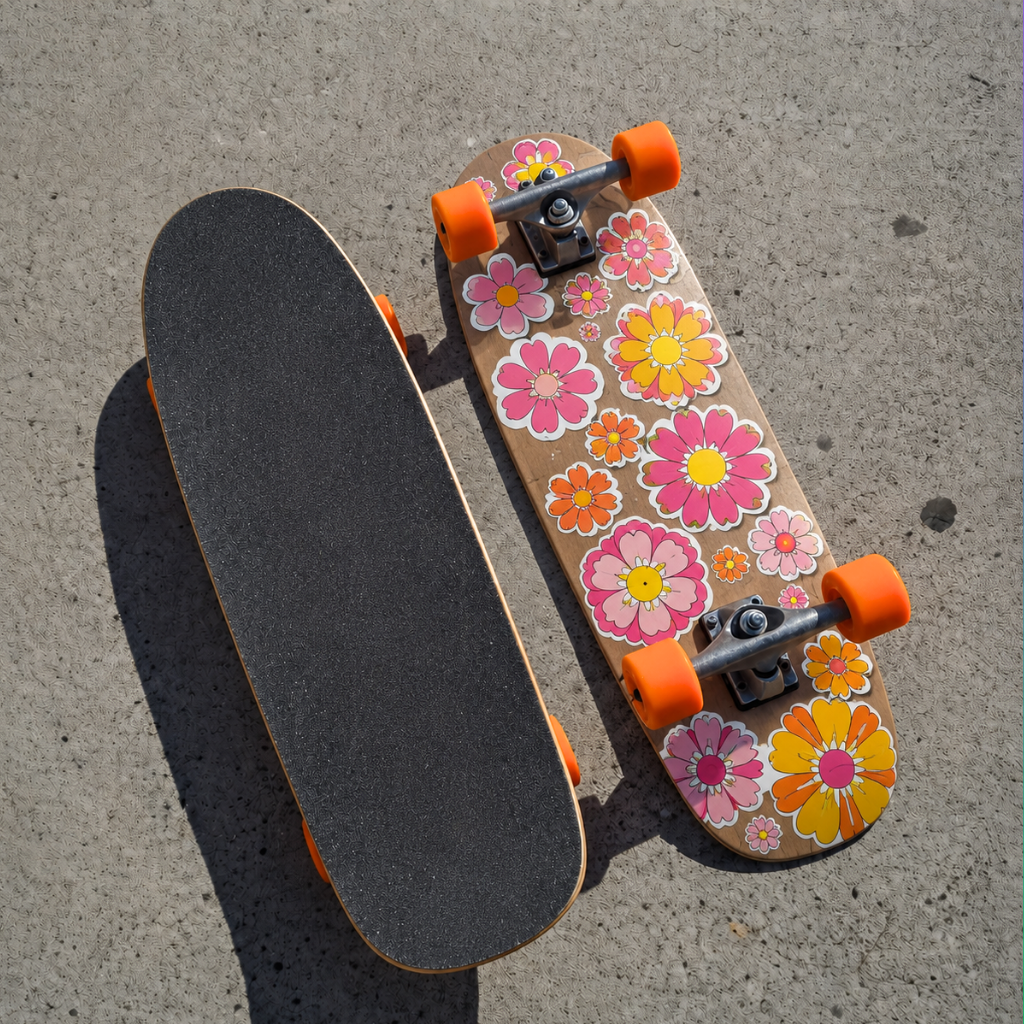 A wooden skateboard deck covered with custom vibrant floral and flower stickers.