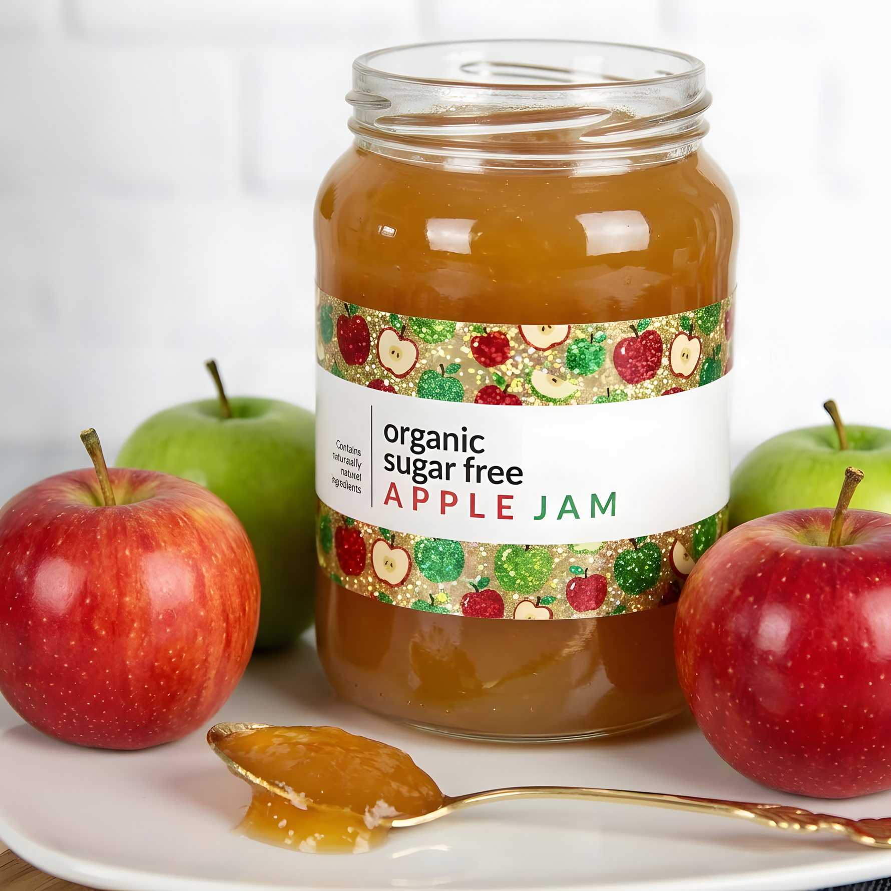 Custom glitter label applied to a glass jar of organic sugar-free apple jam, displayed with fresh red and green apples.