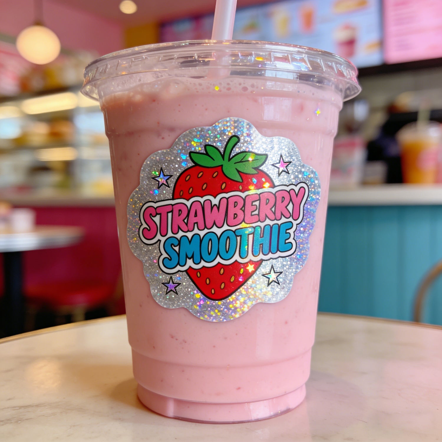 Pink strawberry smoothie in a clear cup with a colorful 'Strawberry Smoothie' glitter sticker for branding, on a wooden table.