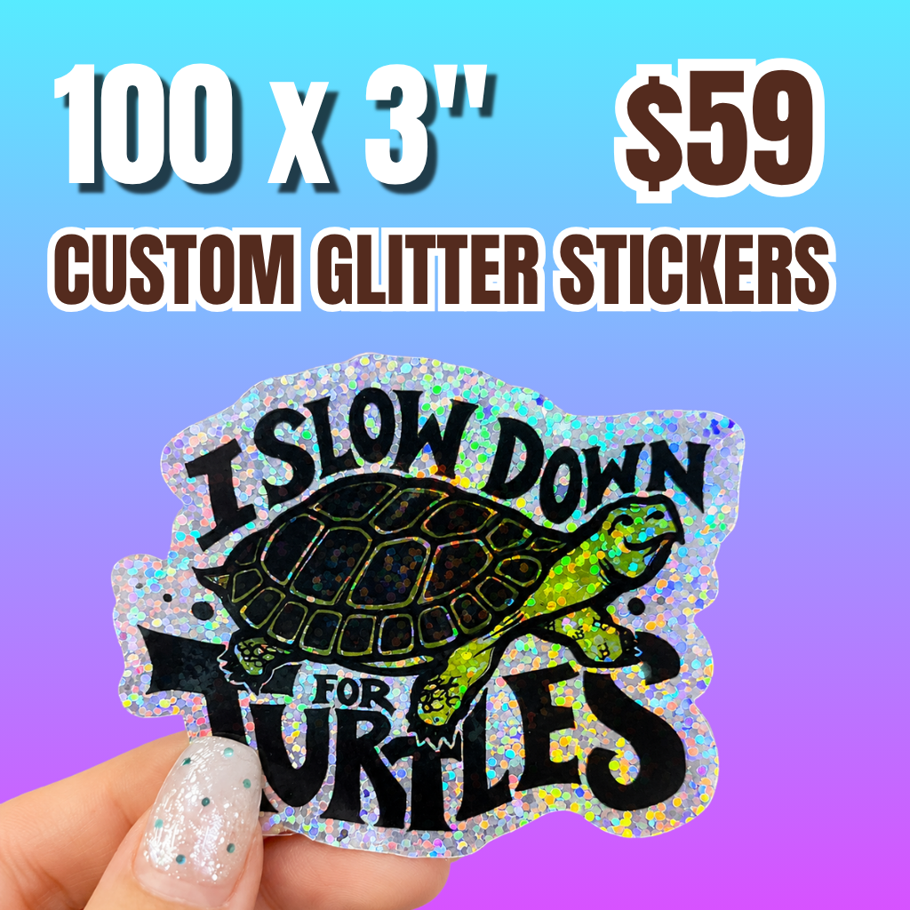 Promotional Deal for 100 custom 3-inch glitter stickers for $59, featuring a hand-held sparkling black cat and red mushroom sticker.