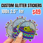 Promotional Deal for 100 custom 2.5-inch glitter stickers for $49, featuring a colorful fish in a basket 