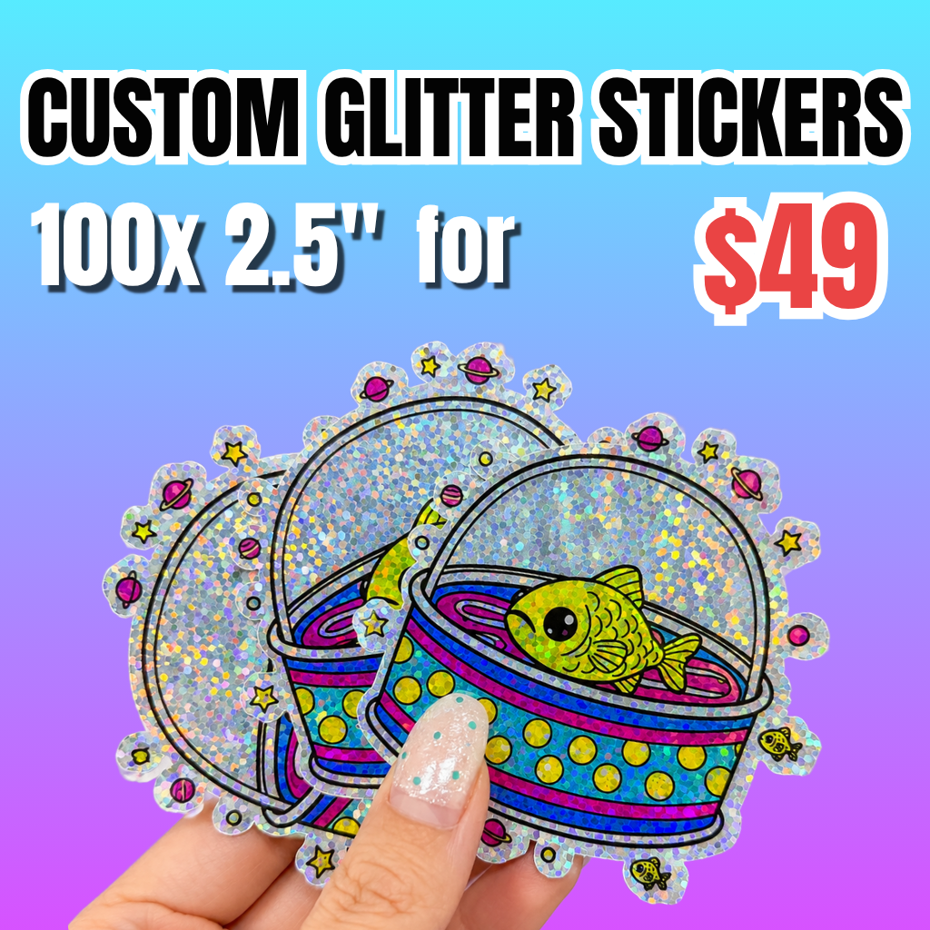 Promotional Deal for 100 custom 2.5-inch glitter stickers for $49, featuring a colorful fish in a basket 