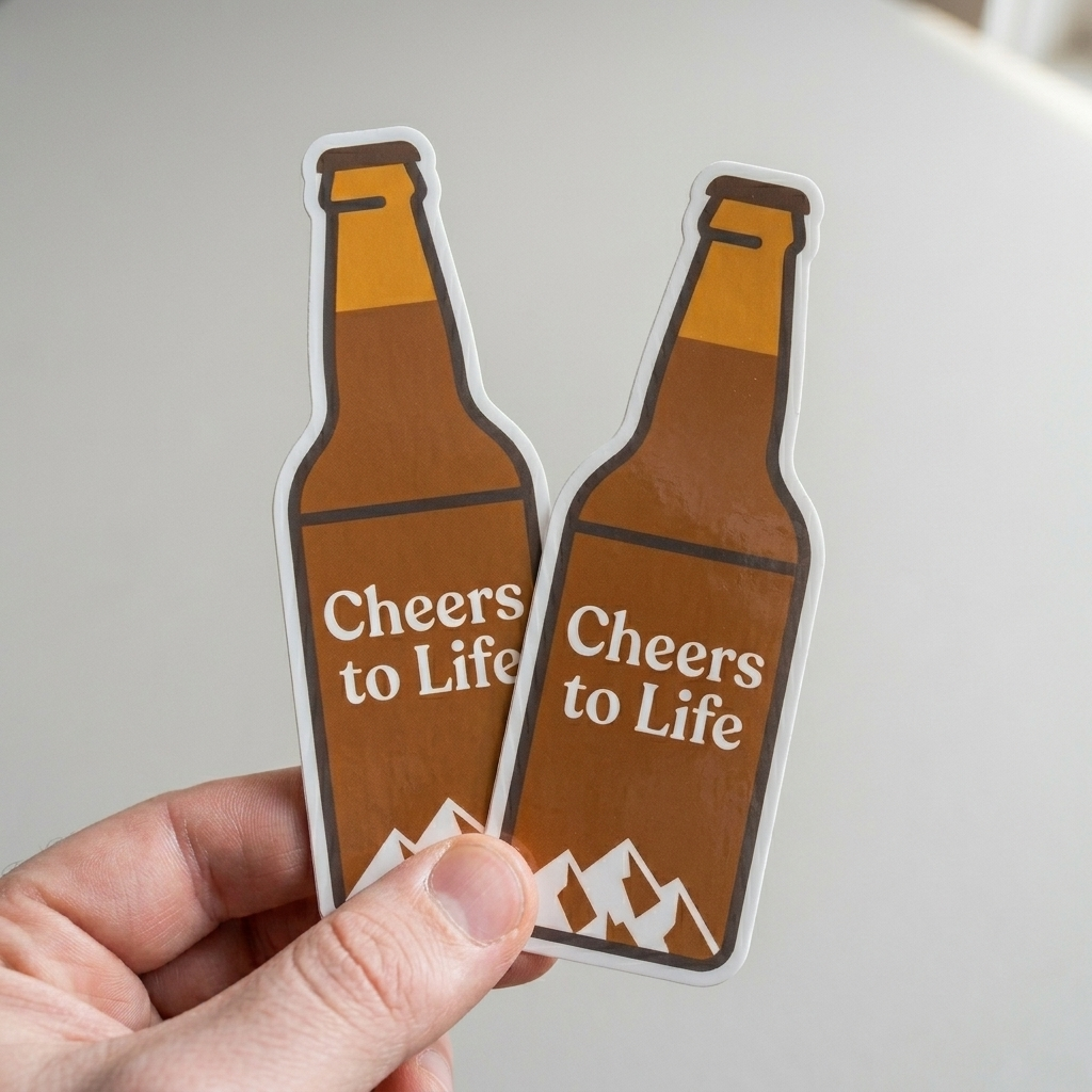 Two custom glossy vinyl stickers shaped like beer bottles with "Cheers to Life" text and mountain graphics.