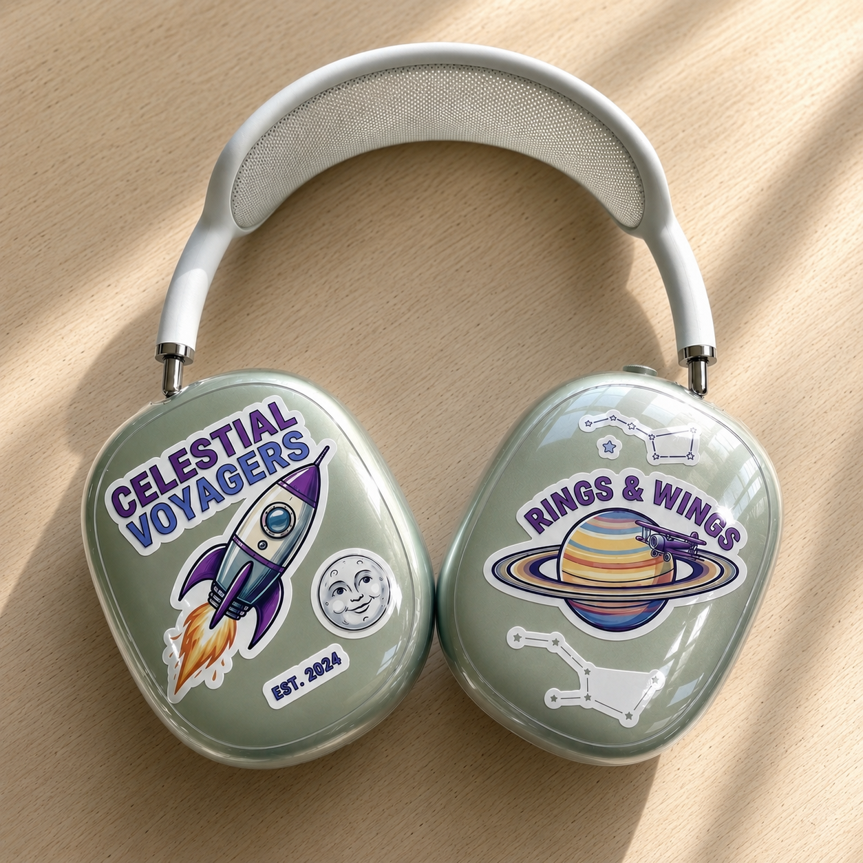 Custom glossy vinyl stickers with celestial and space themes applied to olive green premium headphones.