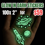 Promotional deal for glow-in-the-dark stickers:100 pieces custom of 2-inch glow-in-the-dark vinyl sticker pack for $59. A hand displaying glow-in-the-dark space-themed stickers.