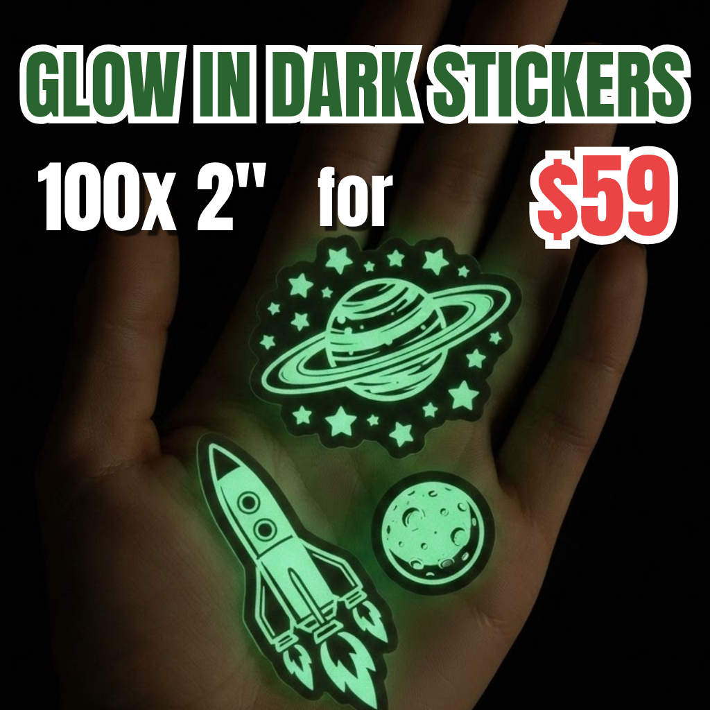 Promotional deal for glow-in-the-dark stickers:100 pieces custom of 2-inch glow-in-the-dark vinyl sticker pack for $59. A hand displaying glow-in-the-dark space-themed stickers.