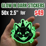 Promotional Deal for 50 custom 2.5-inch glow-in-the-dark stickers for $49, featuring a hand-held glowing black cat sticker.