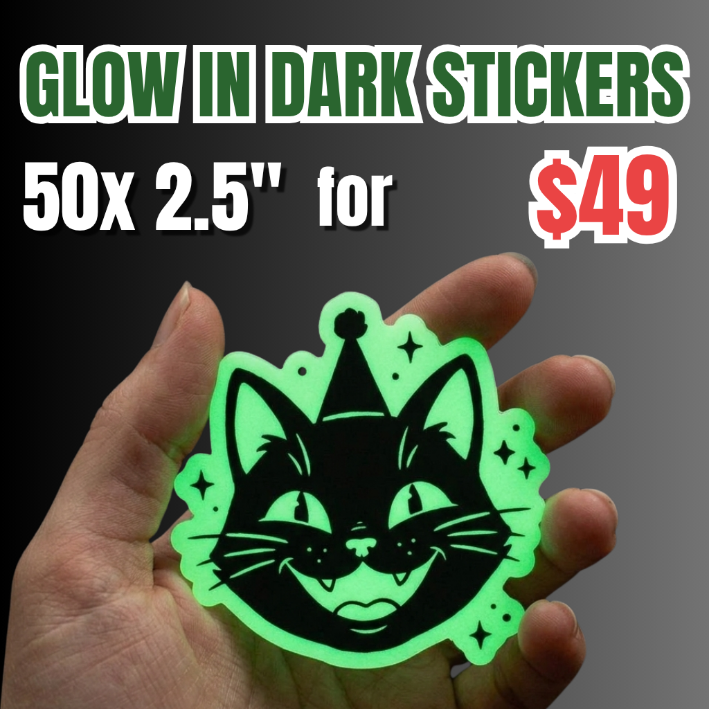Promotional Deal for 50 custom 2.5-inch glow-in-the-dark stickers for $49, featuring a hand-held glowing black cat sticker.