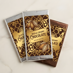 Custom gold foil labels applied to artisan chocolate bar packaging with decorative cocoa illustrations.