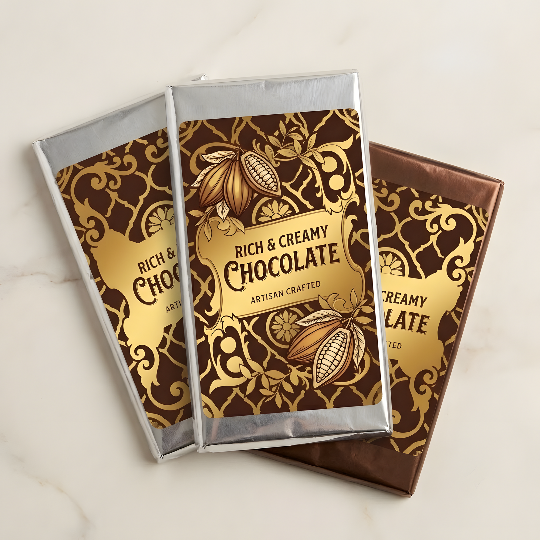 Custom gold foil labels applied to artisan chocolate bar packaging with decorative cocoa illustrations.