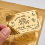 Custom gold foil label for handcrafted wedding favor candies with a vintage floral design.