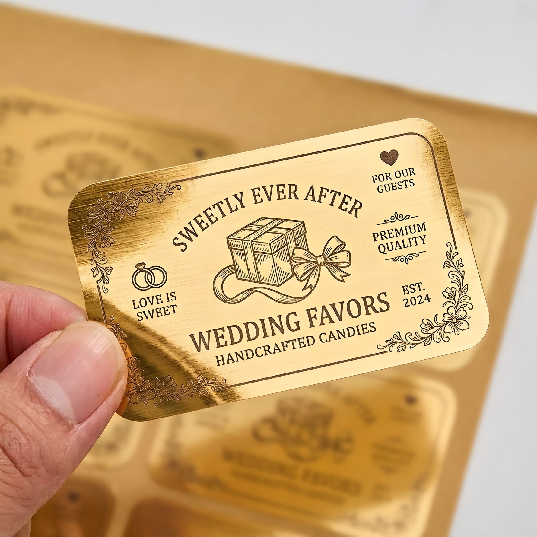 Custom gold foil label for handcrafted wedding favor candies with a vintage floral design.