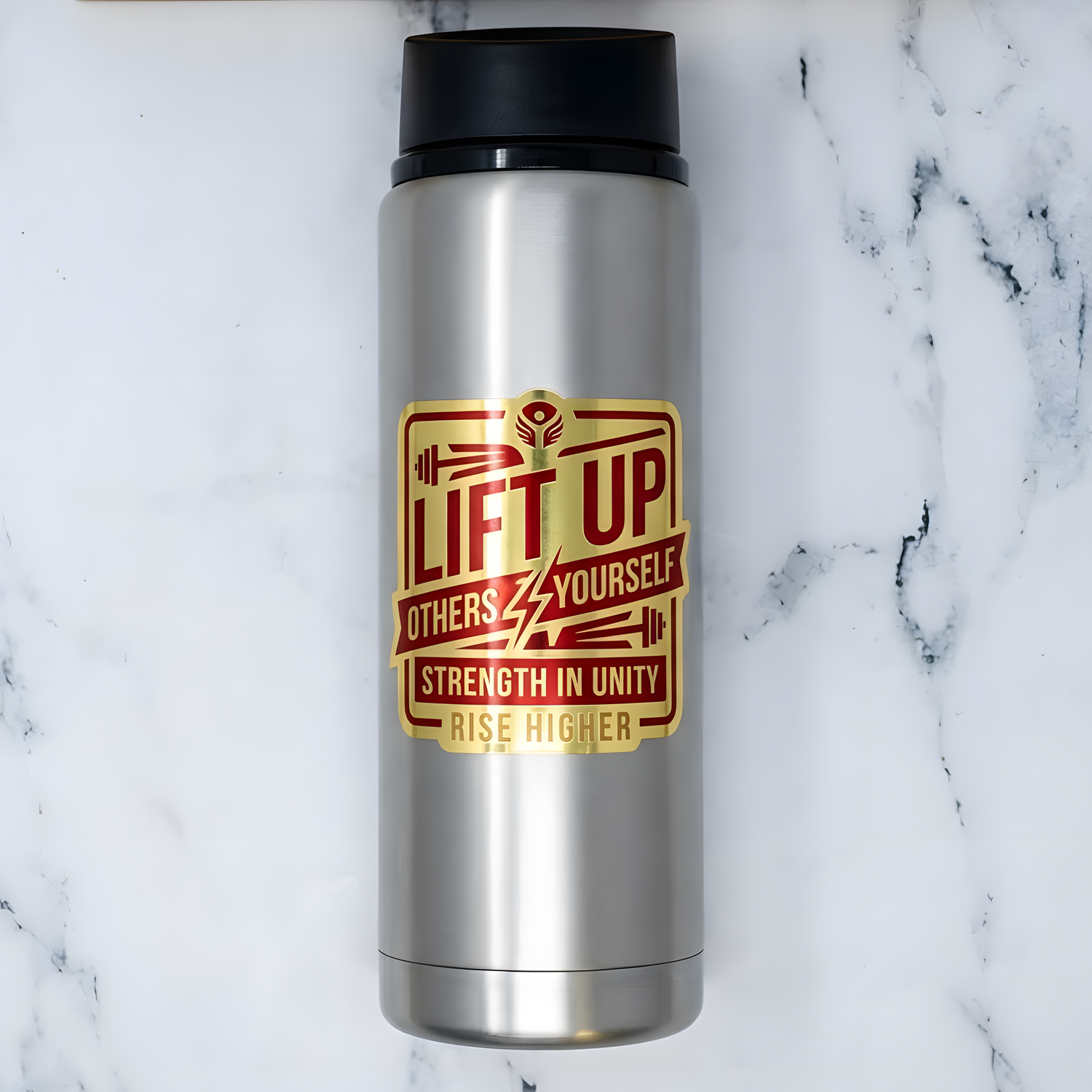 Custom gold metallic fitness sticker with a red motivational design applied to a stainless steel tumbler.
