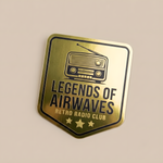 Custom gold metallic sticker featuring a black retro radio club design applied to a smooth surface.