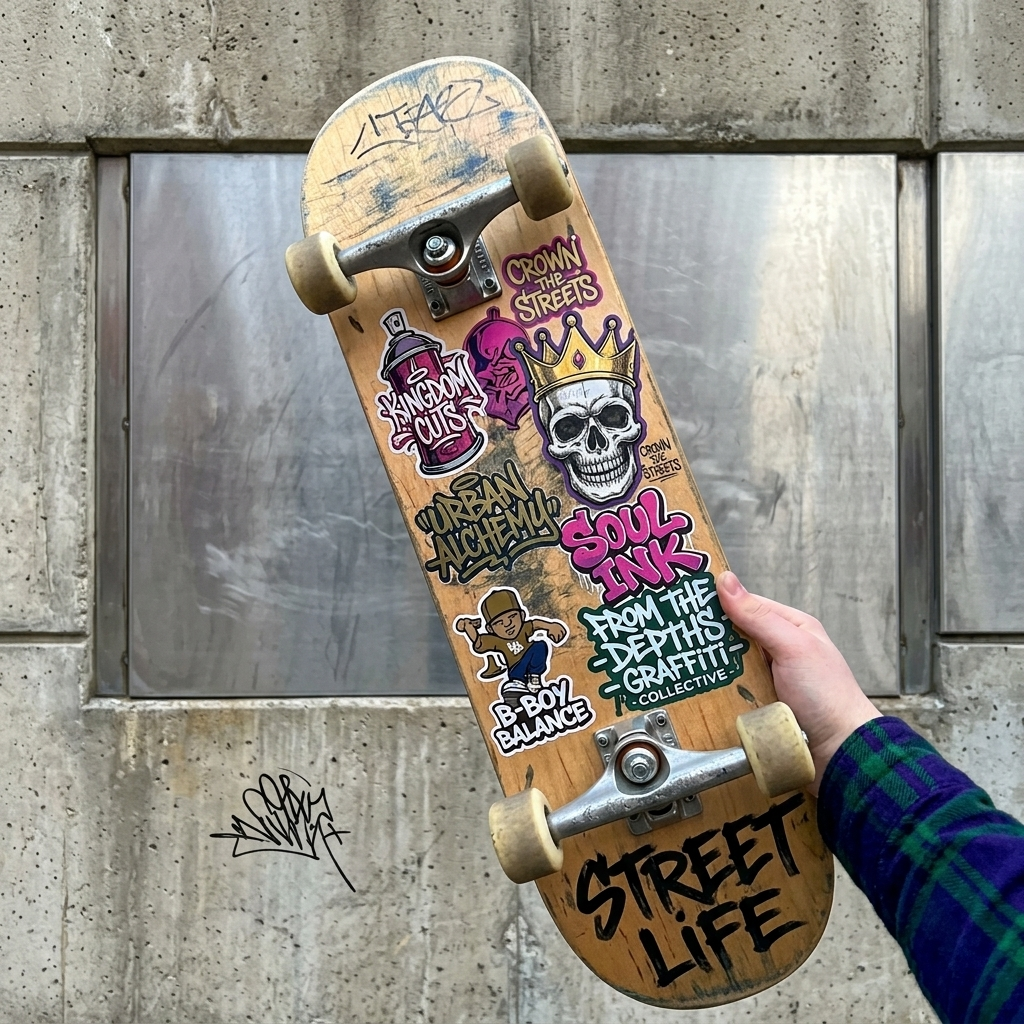 A wooden skateboard deck covered in various graffiti-style stickers such as "Soul Ink," "Urban Alchemy," and "Kingdom Cuts," held against a concrete wall.