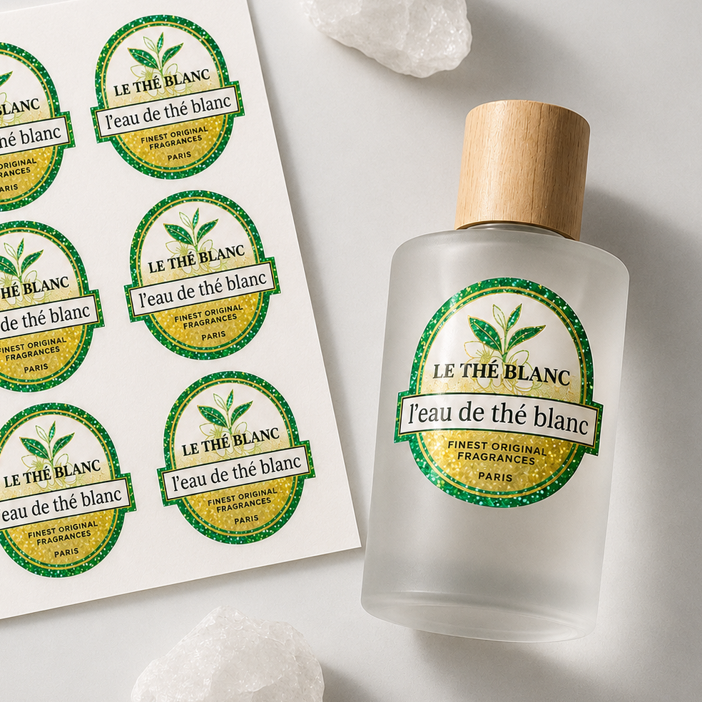 Custom green and gold glitter labels shown on a perfume bottle and matching label sheet