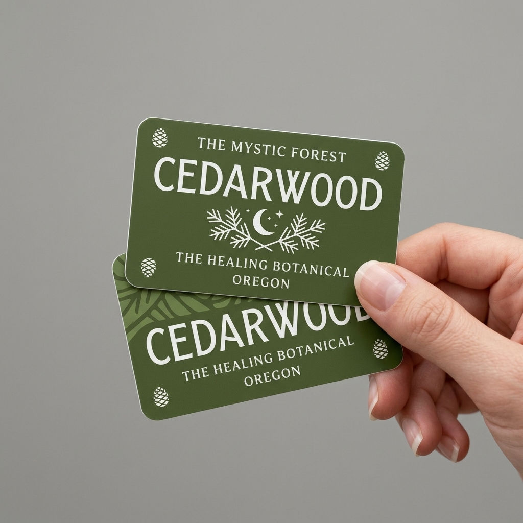 Hand holding two green rounded corner stickers with 'Cedarwood' branding against a gray background
