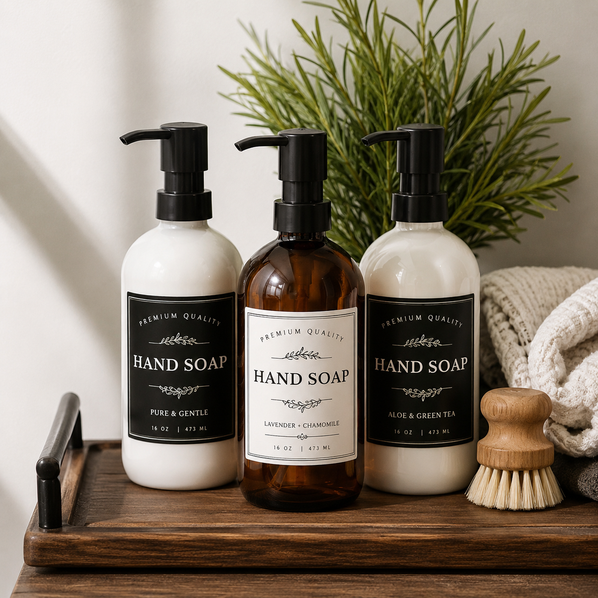 Custom hand soap labels with premium vinyl stickers on amber and white soap bottles