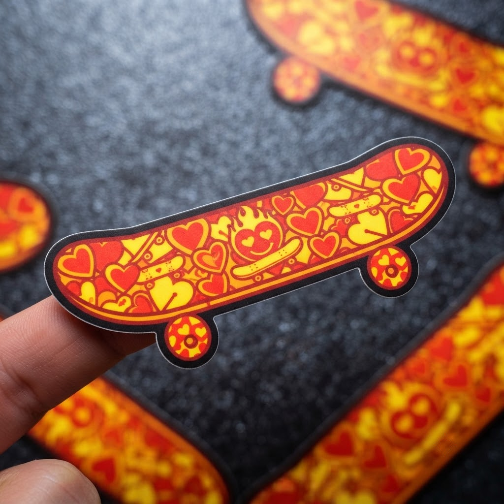 Close-up of a custom heart and flame themed sticker on a skateboard deck.