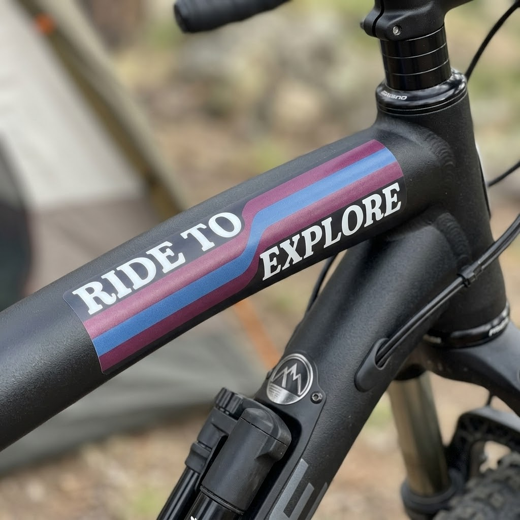 Custom heavy duty sticker with a colorful Ride to Explore design applied to a black mountain bike frame.