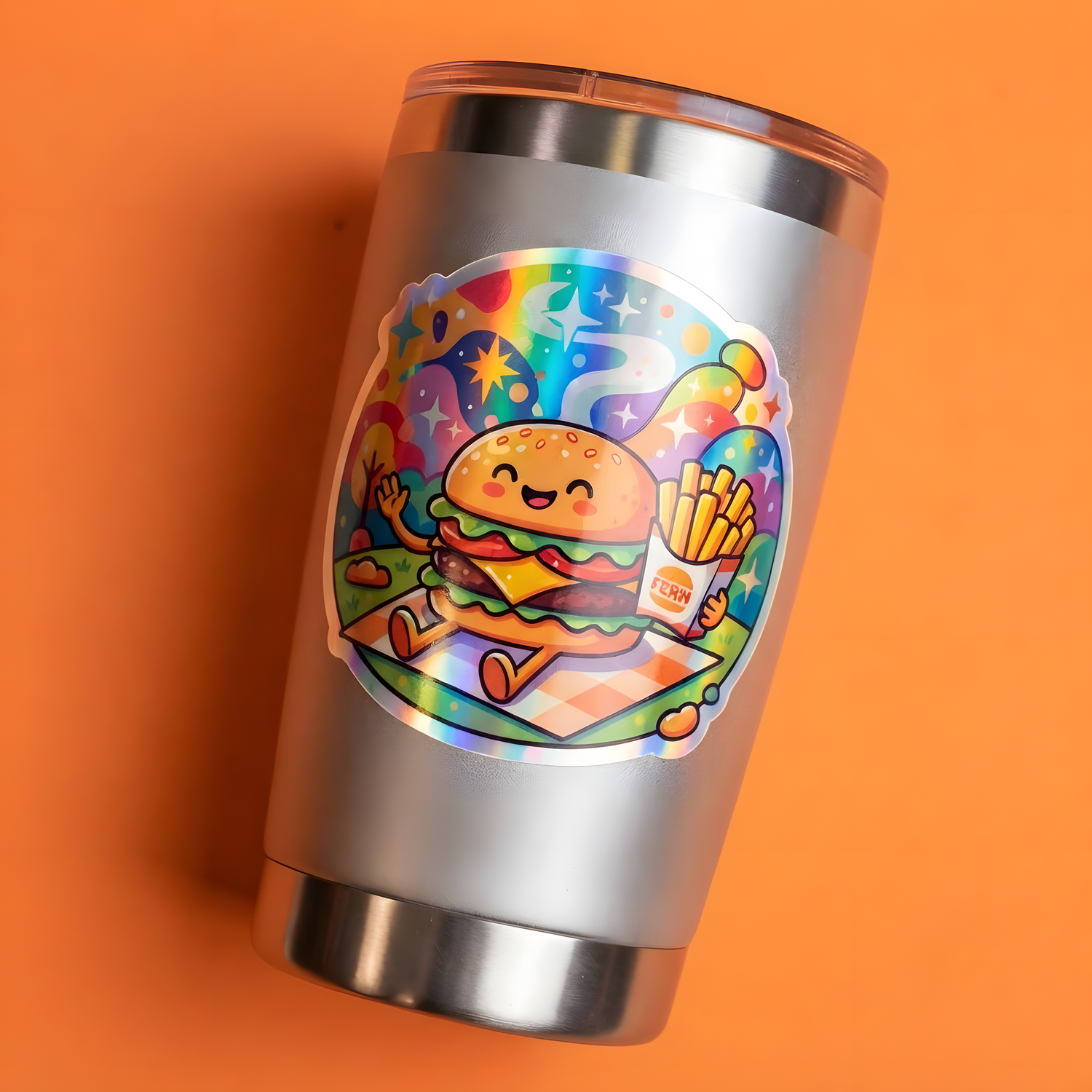 Custom holographic burger sticker with rainbow shine applied to a stainless steel tumbler.