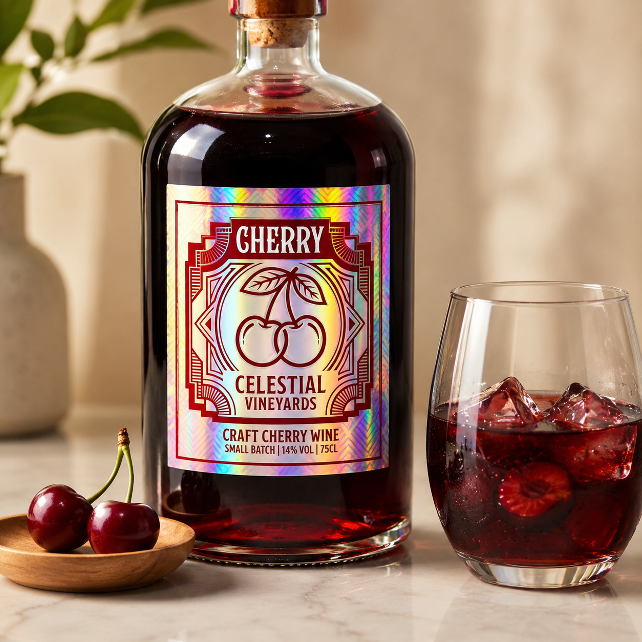 Custom holographic rectangular cherry wine label on a glass bottle with two cherries and a glass of cherry wine with ice.
