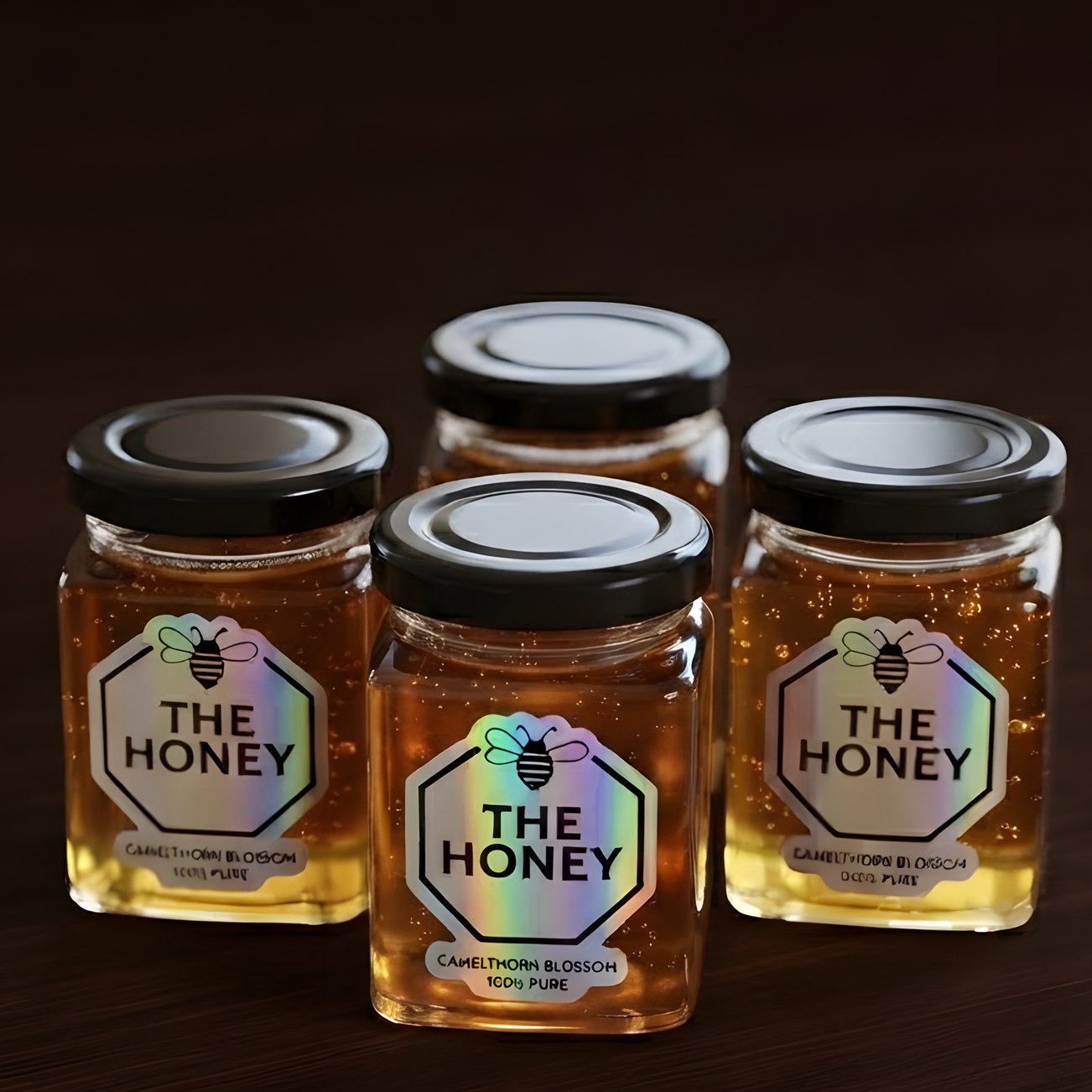 Custom holographic stickers applied to small glass honey jars on a dark wooden display.