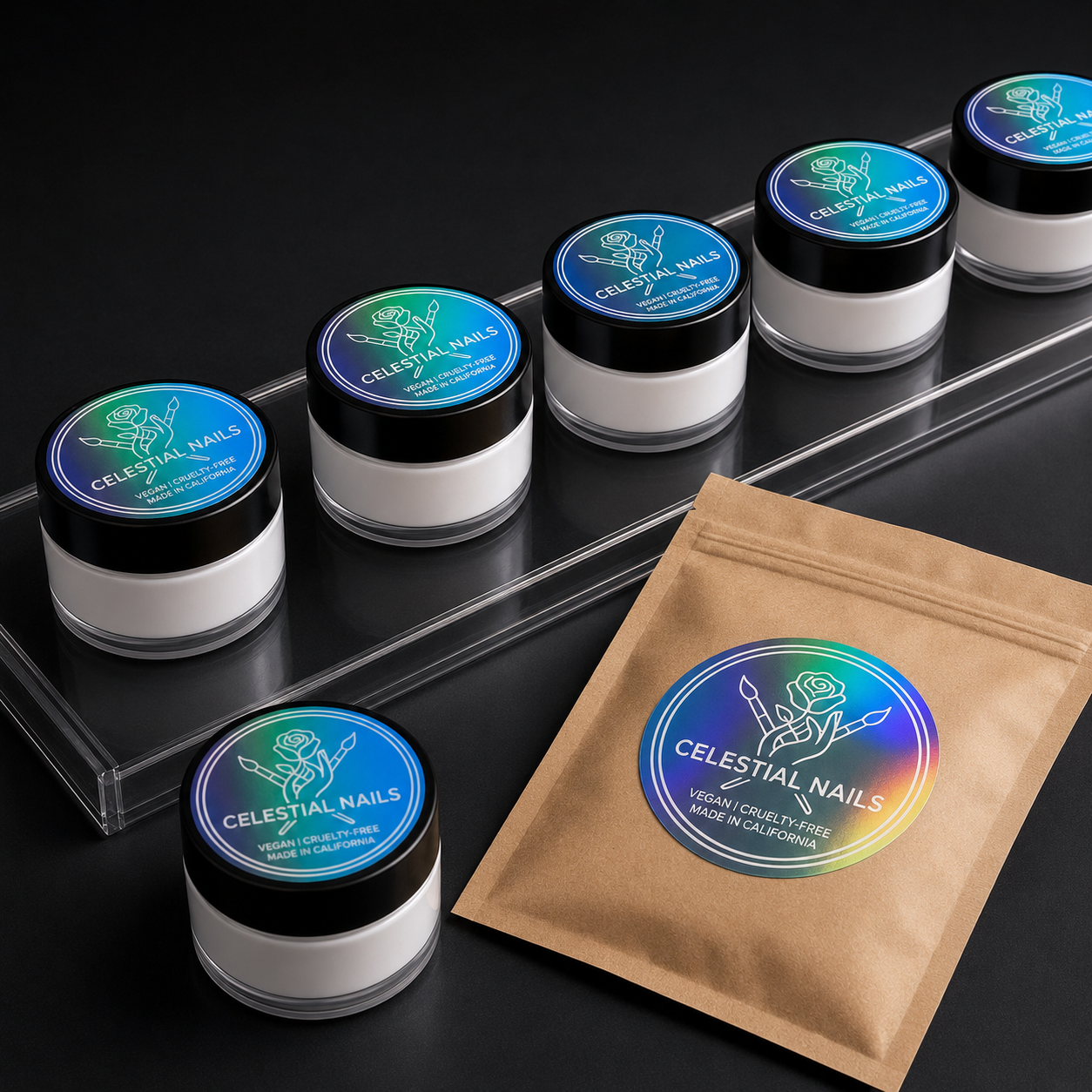 Custom holographic labels applied to cosmetic jars and a kraft paper pouch on a dark product display.