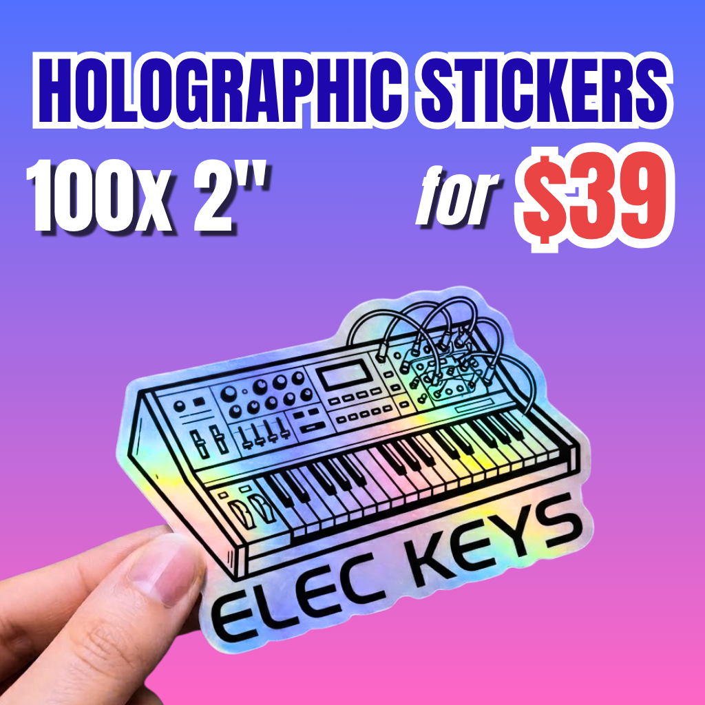 Promotional offer for 100 custom 2-inch holographic stickers for $39, featuring a hand-held rainbow holographic synthesizer sticker.