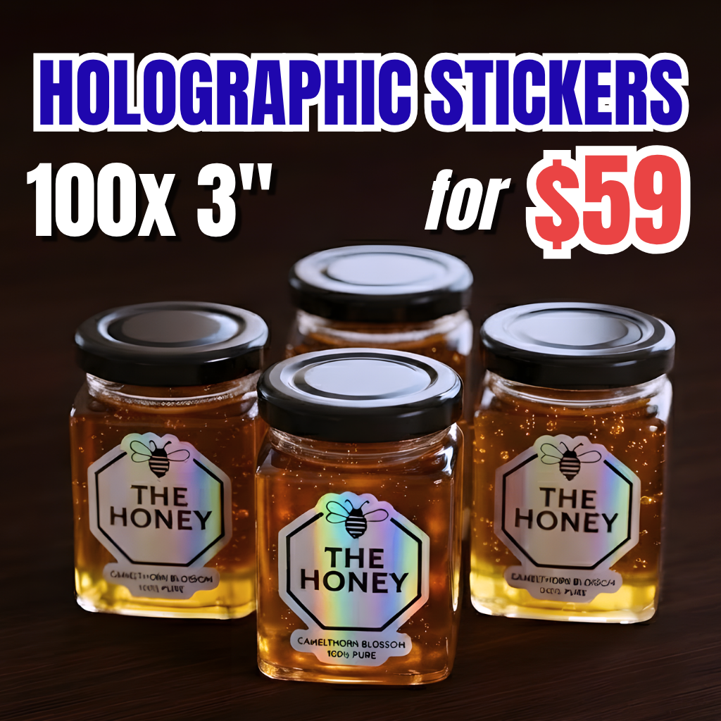 Promotional Deal for 100 custom 3-inch holographic stickers for $59, shown as reflective labels on honey jars.