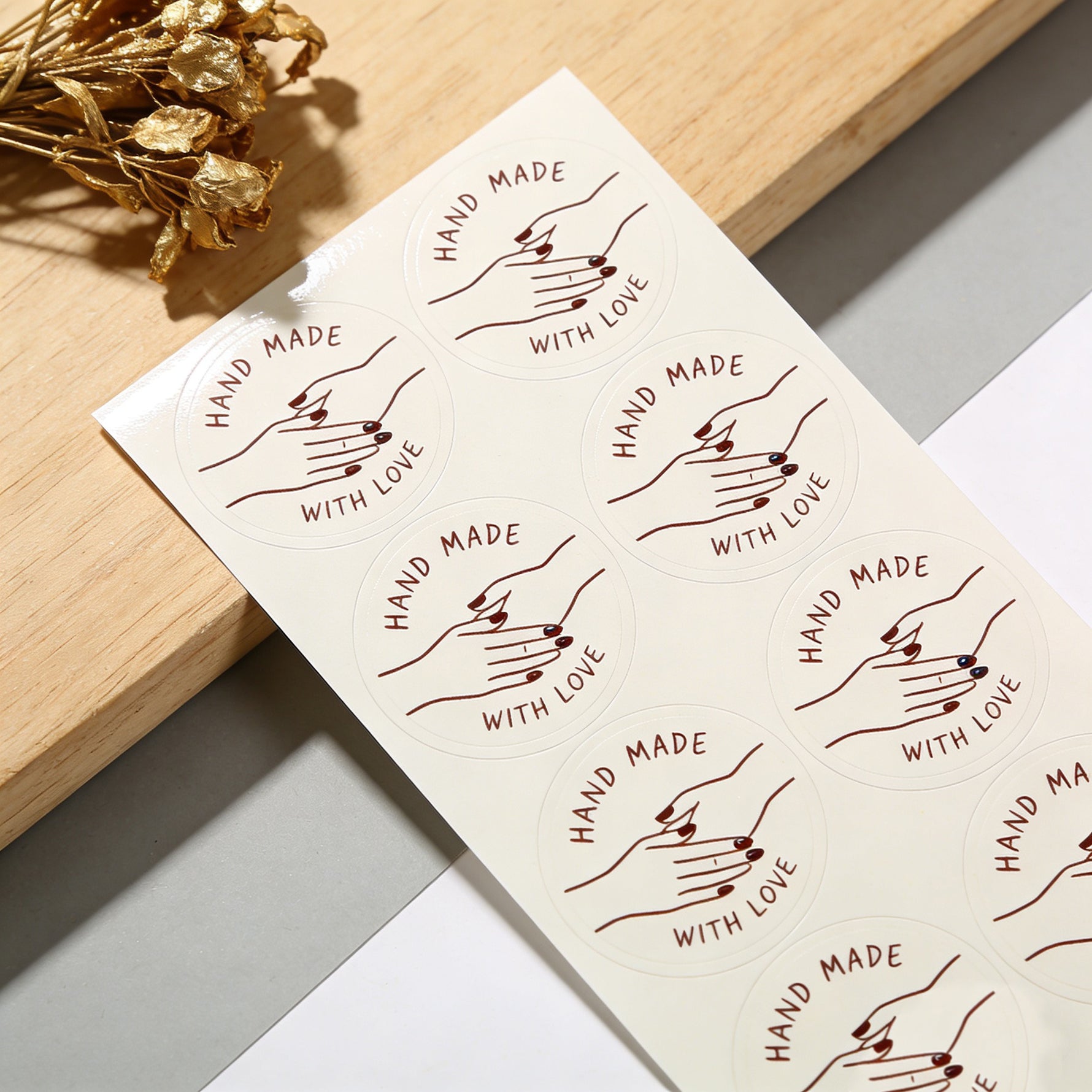 Custom kiss cut label sheet with "Hand Made with Love" design for craft branding