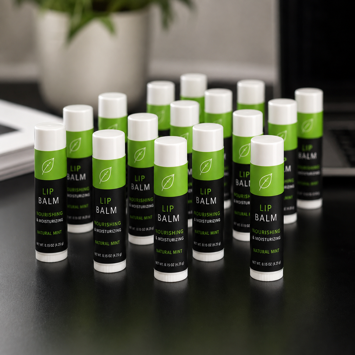 Custom lip balm labels on green and black natural mint tubes arranged on a dark surface.