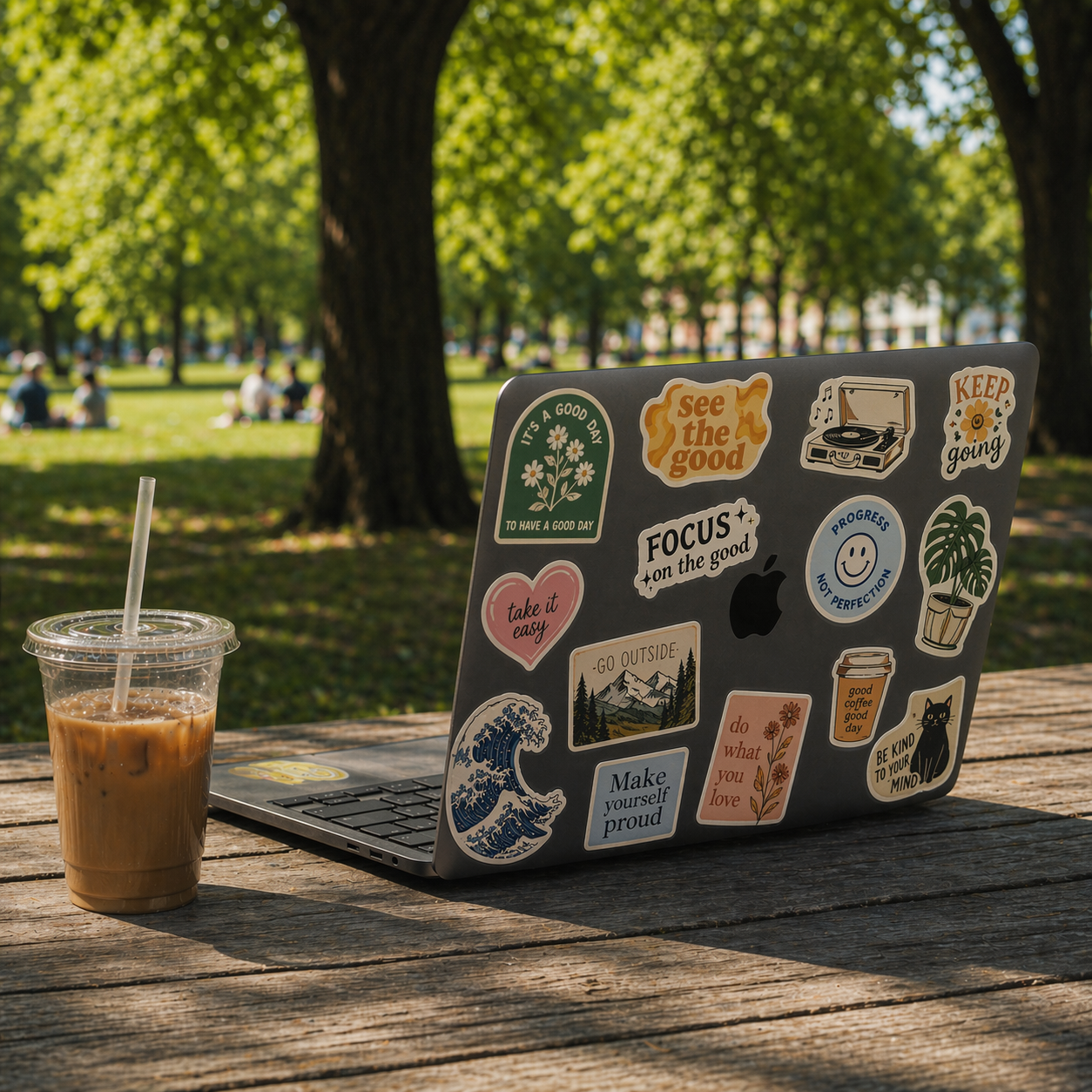 custom sticker decals on macbook cover in a park