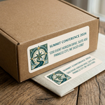 Customized mailing address label with a decorative compass logo applied to a brown cardboard shipping box.