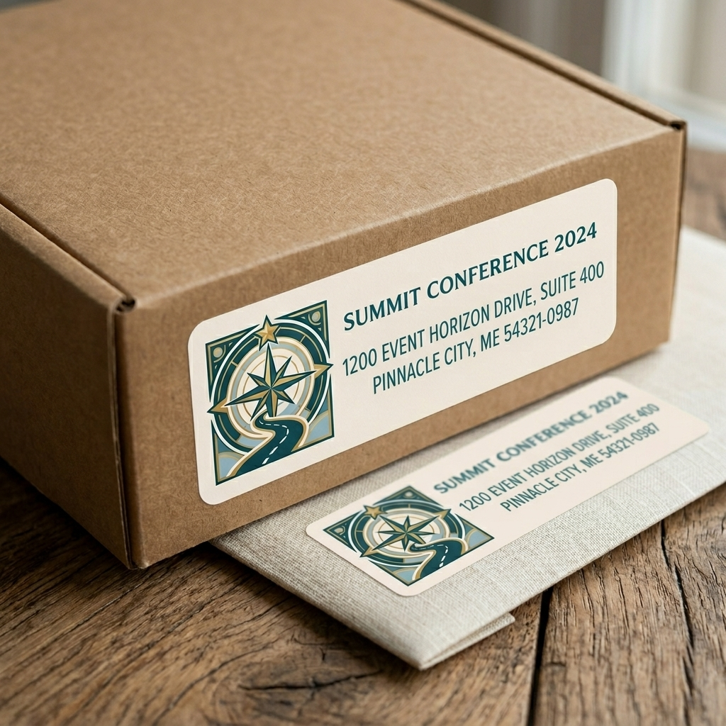 Customized mailing address label with a decorative compass logo applied to a brown cardboard shipping box.