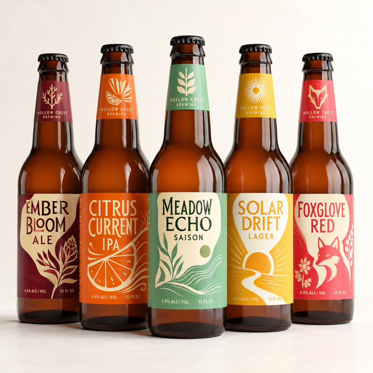 Five craft beer bottles displaying custom illustrated brewery labels with a matte finish against a white background, featuring artistic designs for Ember Bloom, Citrus Current, Meadow Echo, Solar Drift, and Foxglove Red.